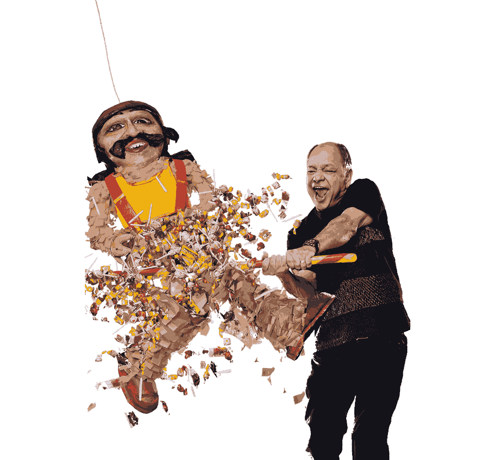 Cheech swinging a bat at a Cheech piñata as candy flies out